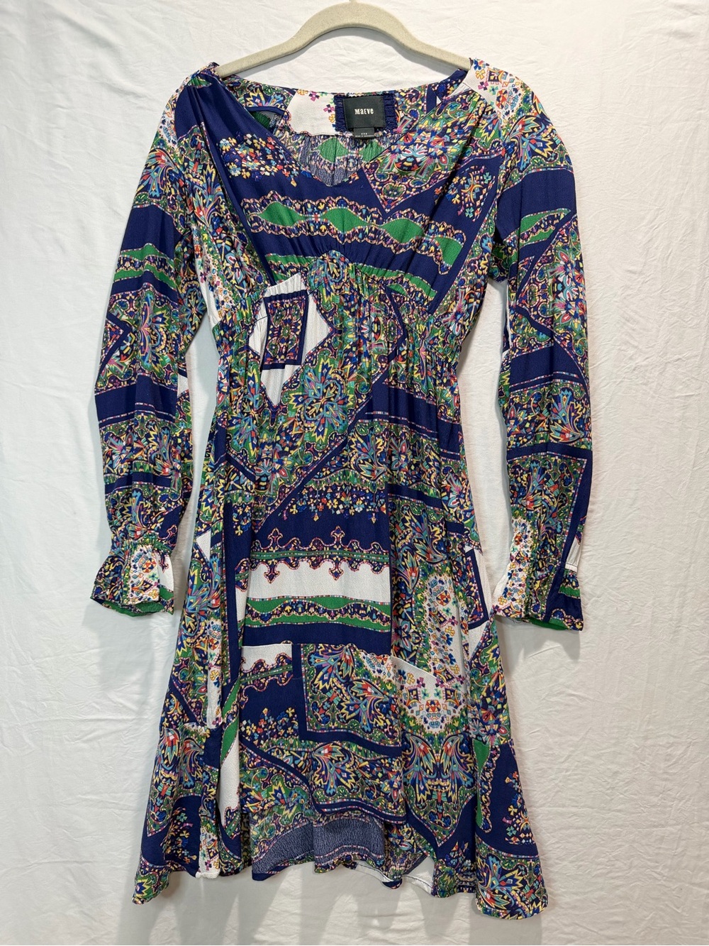 Maeve Navy Paisley-Pattern Long Sleeve Fit-and-Flare Dress